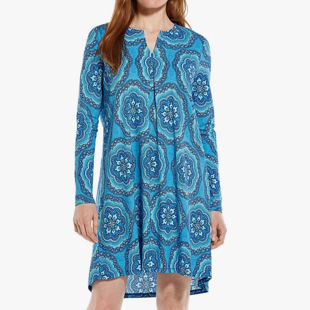 Coolibar Citywalk UPF 50+ Long Sleeve Tunic Dress Blue Print Size Small